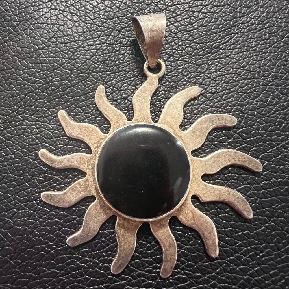 LAST CHANCE CLOSET CLOSING Vintage Taxco Silver and Black Onyx Sunburst Pendant